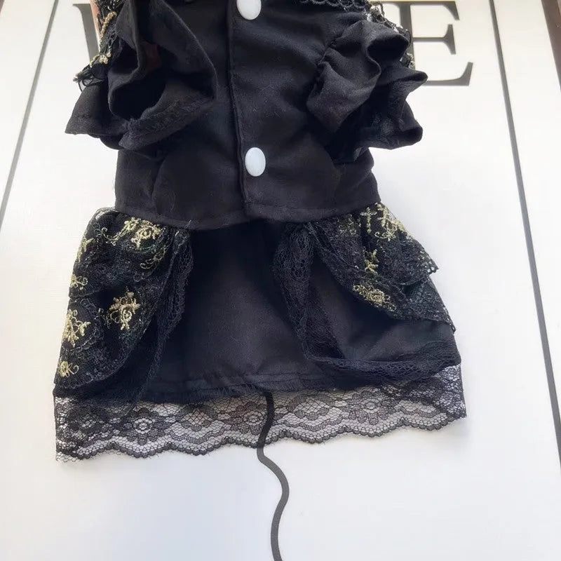 Golden Gothic princess-style skirt dress for a small dog or cat on a mannequin.