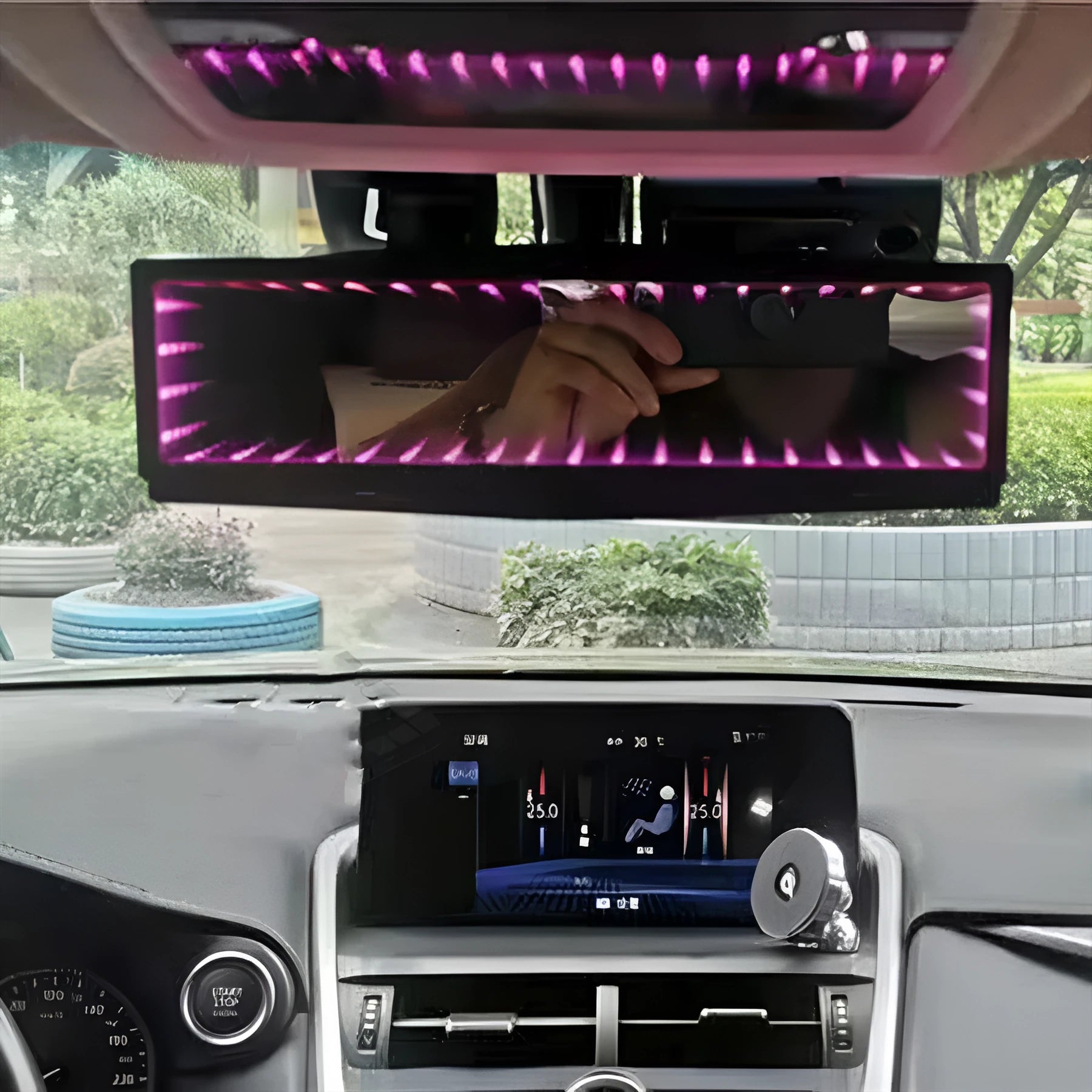 280mm flat plastic car rearview mirror with anti-glare coating and 3D lighting in monochrome blue