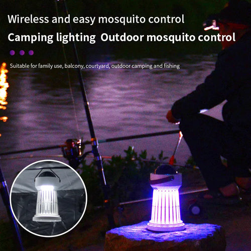 White 2 in 1 electric mosquito killer lamp with star ceiling projection and folding handle on table