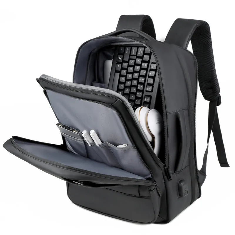 Waterproof black Oxford cloth business backpack with curved shoulder straps and 20-35L capacity