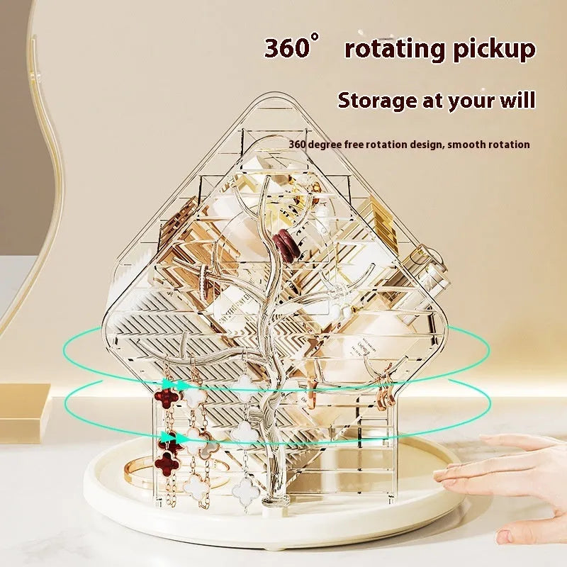 Rotating cosmetics storage box showing 360° rotation mechanism in clear and amber gold colour options