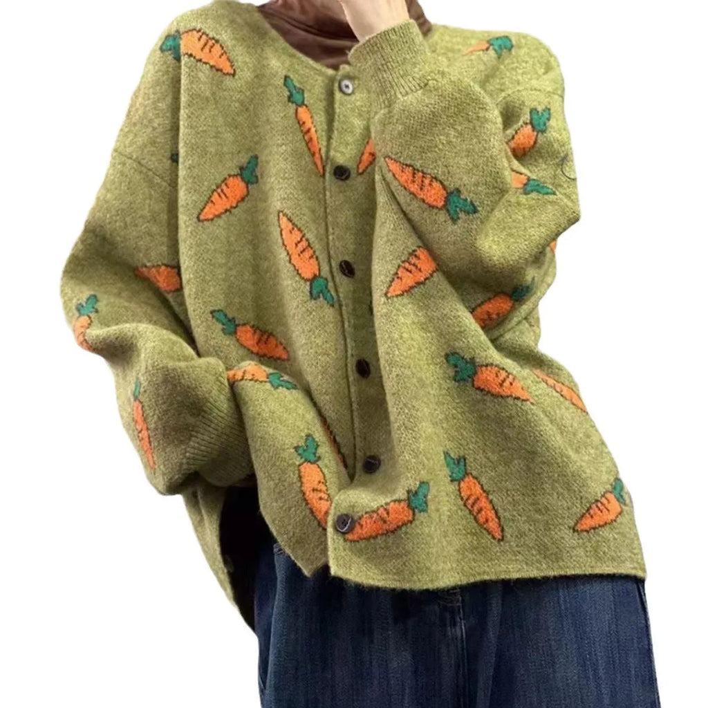 Mori art style printed cardigan sweater with colour contrast, loose fit, round neck.