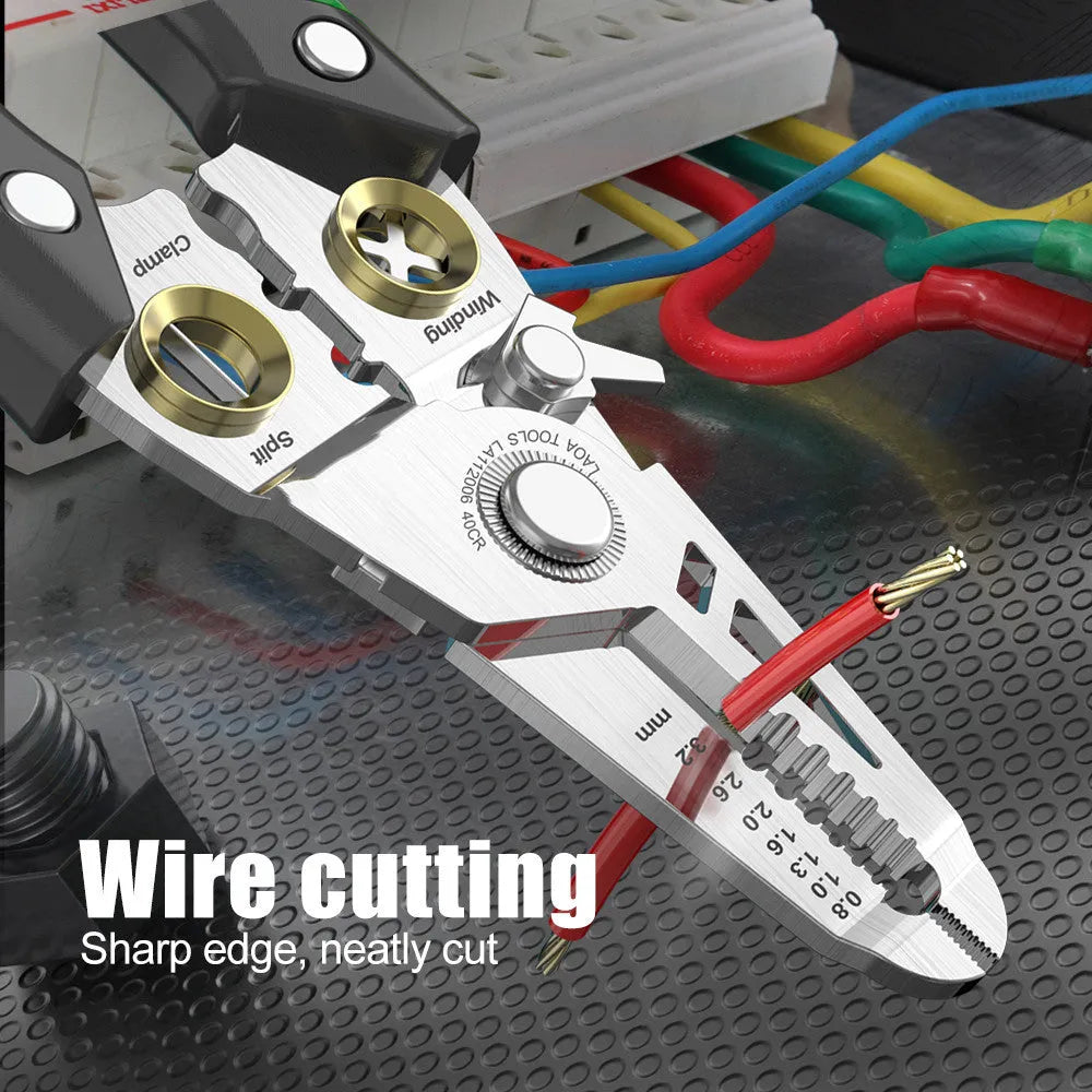 Multifunctional stainless steel wire stripper tool with two-colour handle showing seven stripping ports.