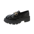 British retro round toe flat heel shoes for women in black glossy finish showing side view