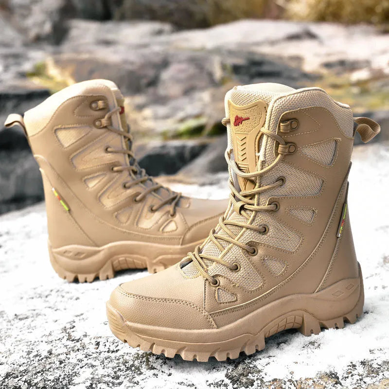 Cowhide hi-top hiking shoes with platform sole for trail running and climbing