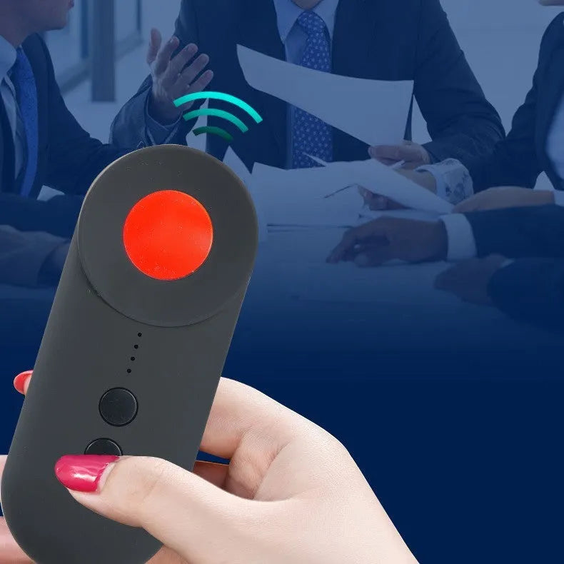 Black handheld GPS and hidden camera detector with USB port on a compact ABS plastic body.