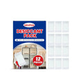 Pack of 12 white calcium chloride desiccant sachets for household moisture control.