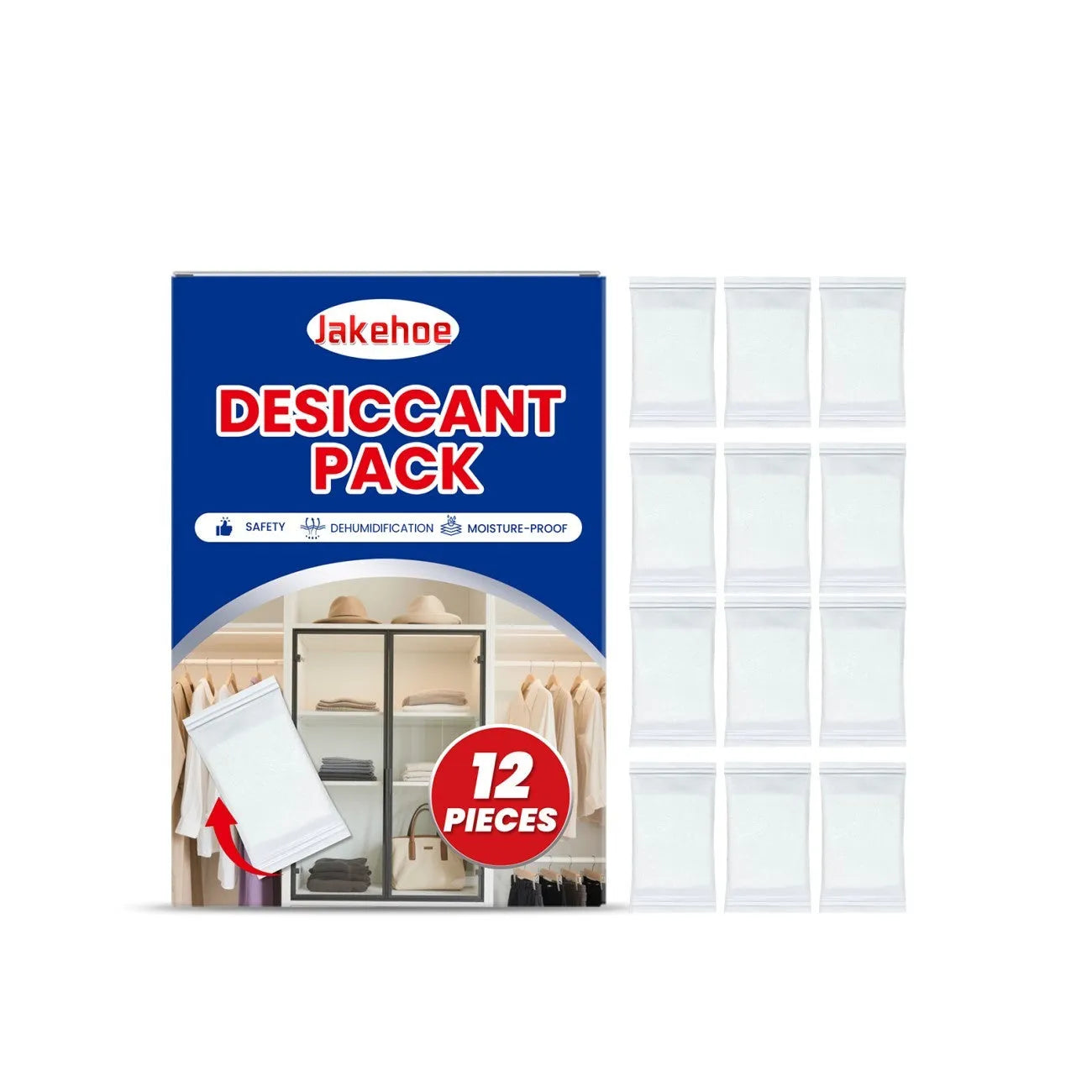 Pack of 12 white calcium chloride desiccant sachets for household moisture control.
