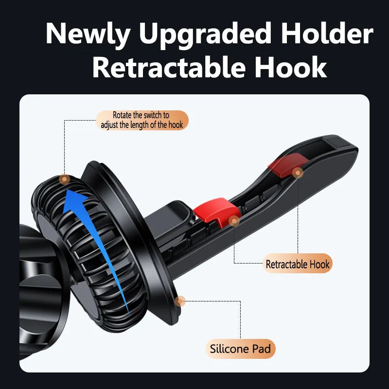 Silver magnetic phone holder attached to car air vent with smartphone mounted