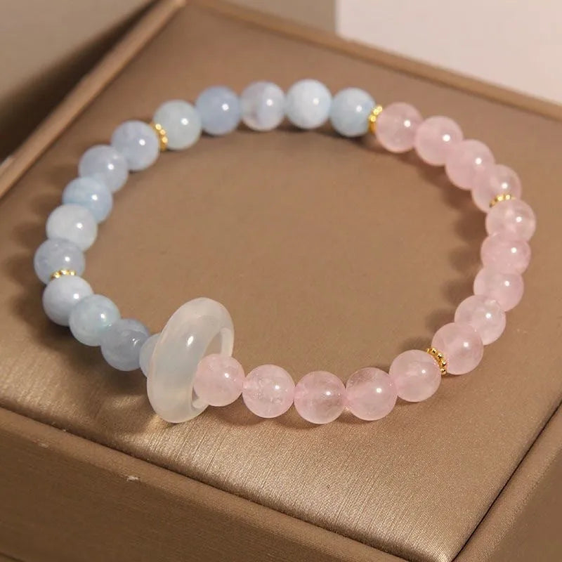 Women's aquamarine crystal bracelet with round natural pink crystal beads, light luxury style, handmade jewellery