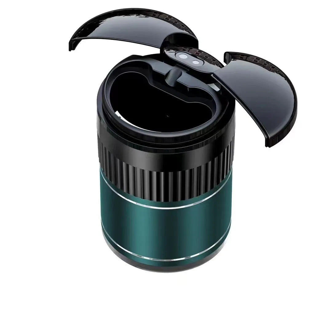 Automatic metal car ashtray with lid showing black, green, red, and silver colour options.