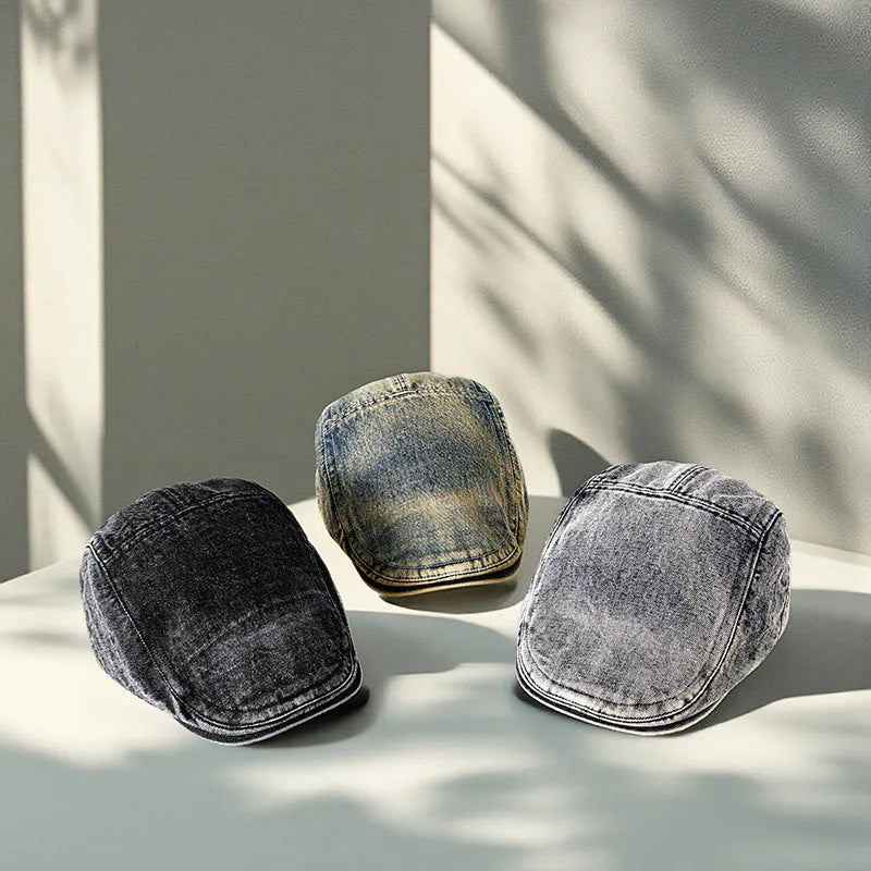 Men's denim flat top cap in washed cotton, breathable and windproof, available in six colours
