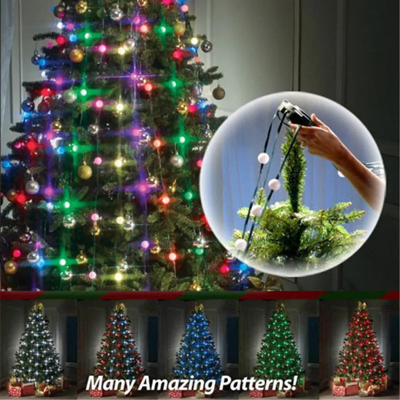 64 LED Dazzler shower tree lights on a Christmas tree, 1.8 metre length, with colourful illumination