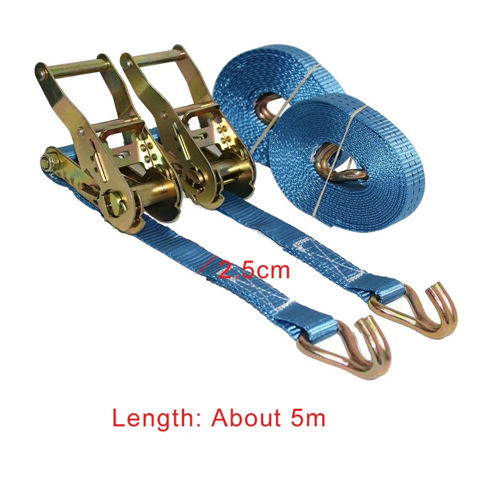 Heavy-duty ratchet tensioner fastening strap with steel buckle and double hooks on polyester webbing.