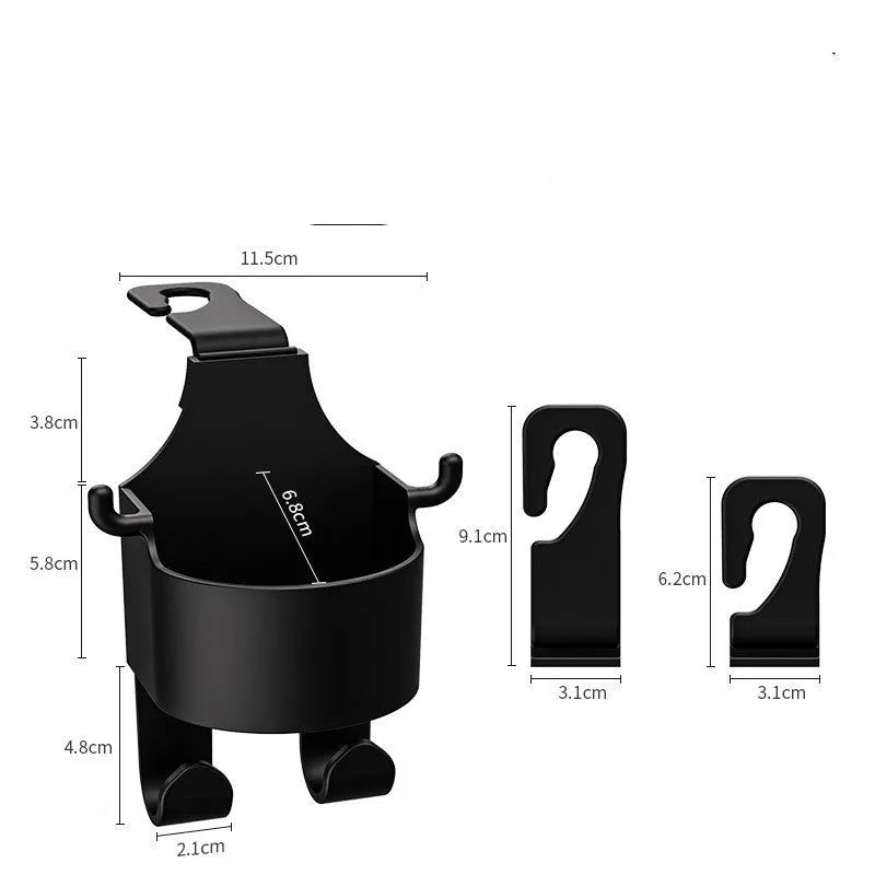 Black plastic car seat back hook organiser with cup holder mounted on vehicle headrest