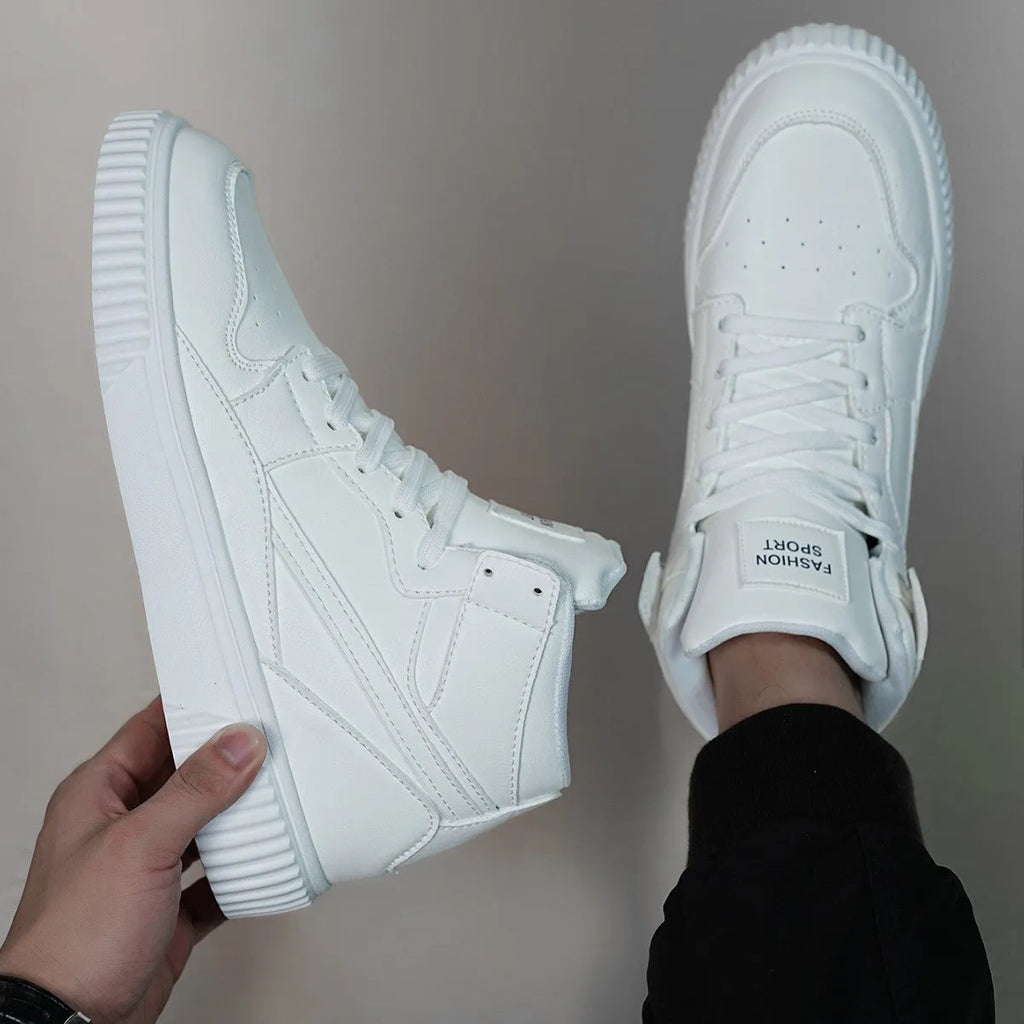 Men's white round toe casual sneakers with a microfiber upper on a grey background.