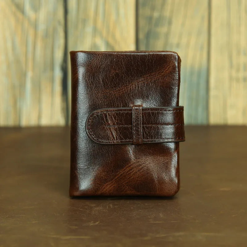 Genuine leather multi-card-slot women's wallet in brown long size with sewing thread detailing
