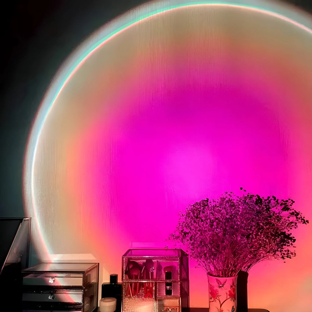 USB rechargeable sunset projection lamp showing rainbow and sun colour patterns