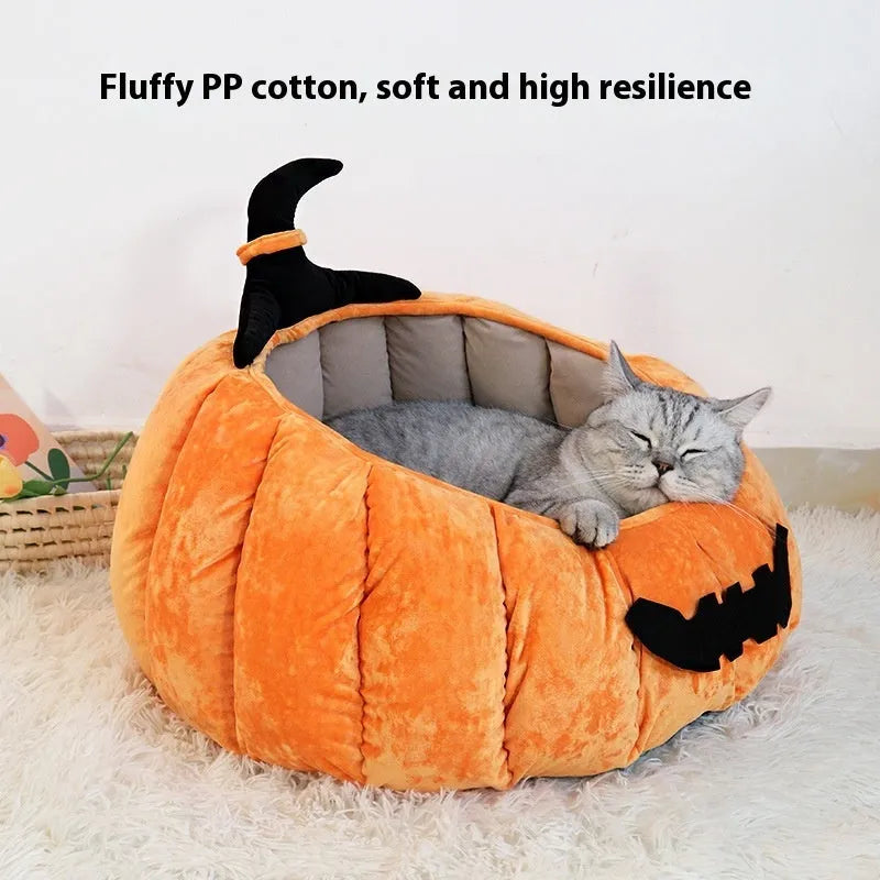 Soft fleece-lined pet bed in orange pumpkin shape for cats and small dogs