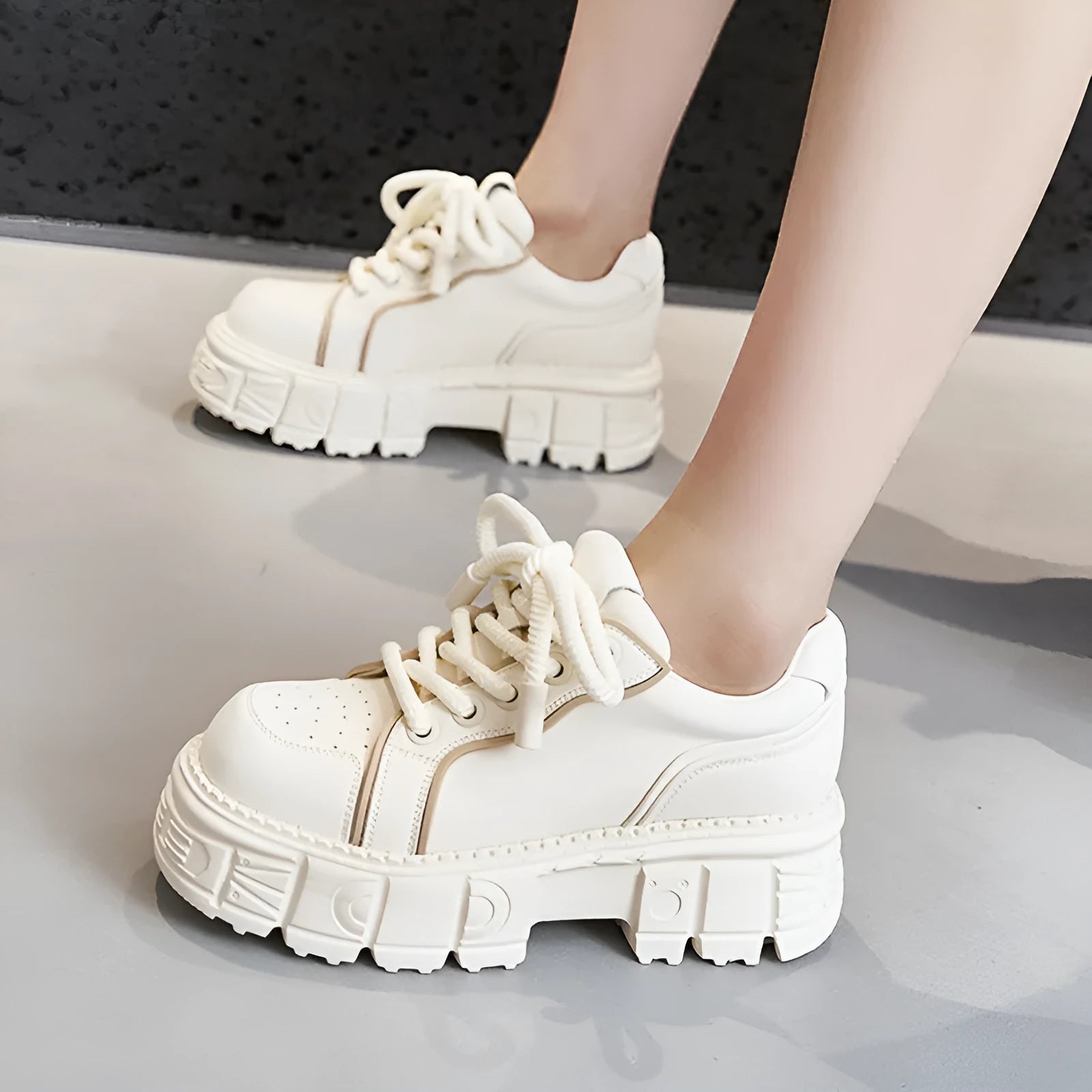 Beige and pink leather platform shoes with muffin bottom spring fashion styling