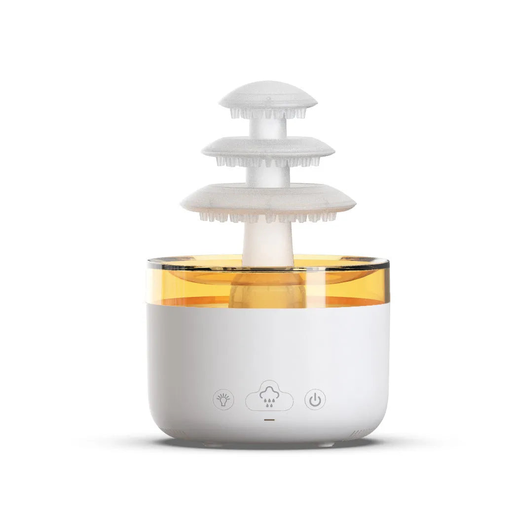 White plastic New Cloud Rain Air Humidifier with 500ml water tank and 7-colour atmosphere light on a wooden desk