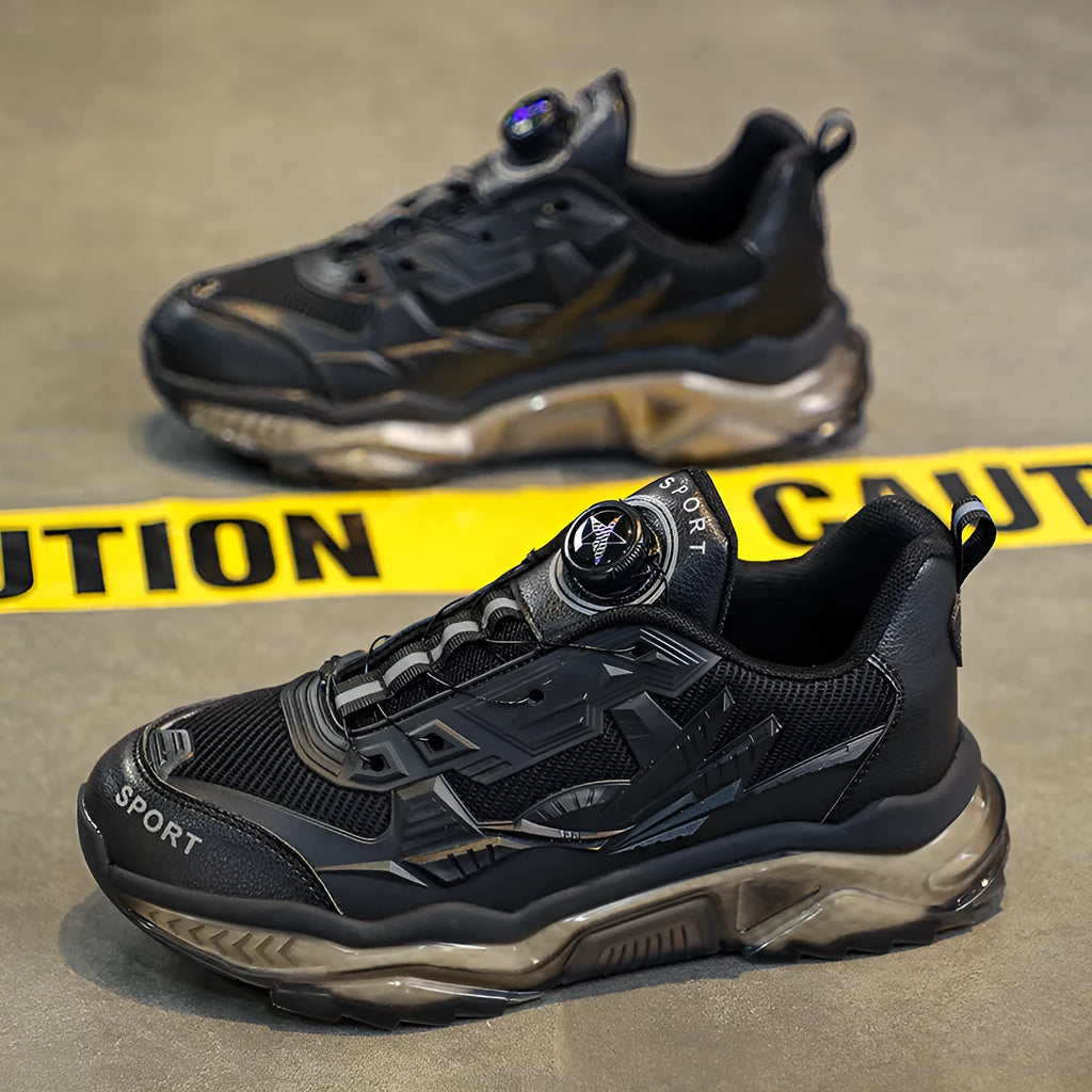 Men's black rotating button casual sneakers with mesh upper and round toe design