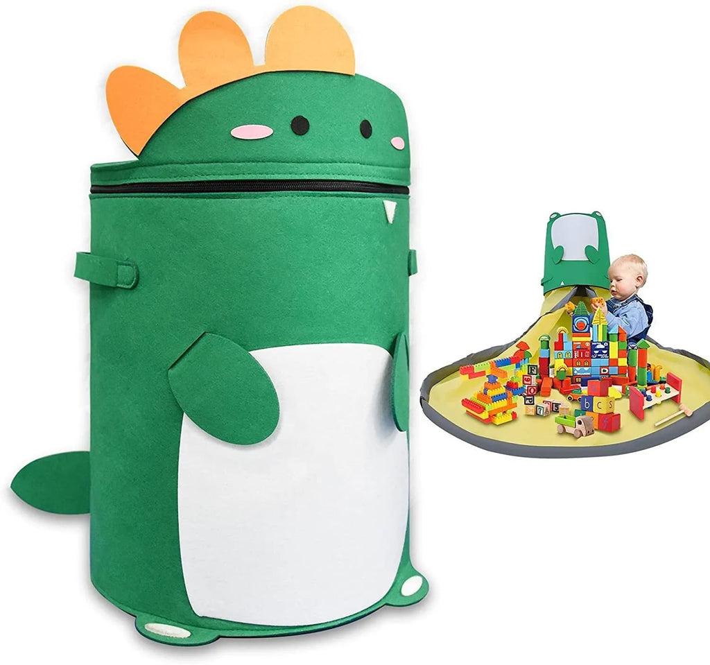 Green felt cube storage bag with pull rope, unfolded flat as a large rectangular play mat.