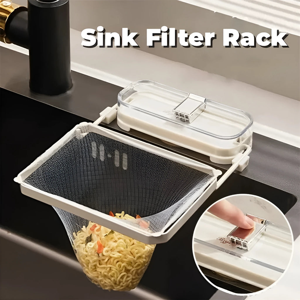 Kitchen sink filter rack with suction cups, fine mesh screen, and disposable filters in dark green gold on a sink drain
