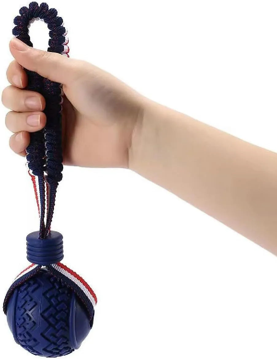 Blue natural rubber dog ball attached to a rope toy for small breeds, showing textured surface.