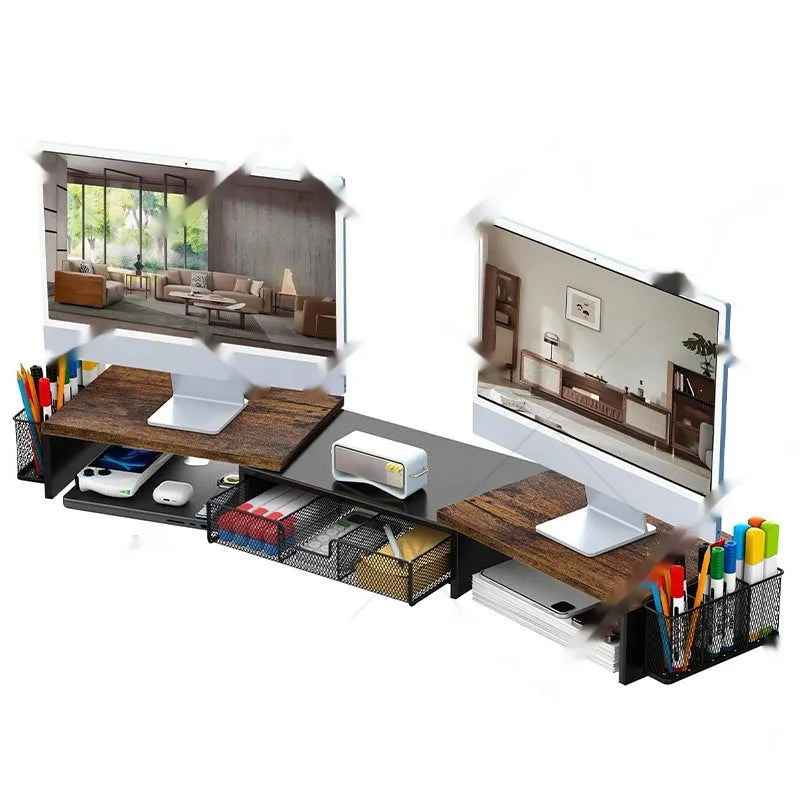 Double-station carbon steel monitor elevated rack in black with retractable design on desk