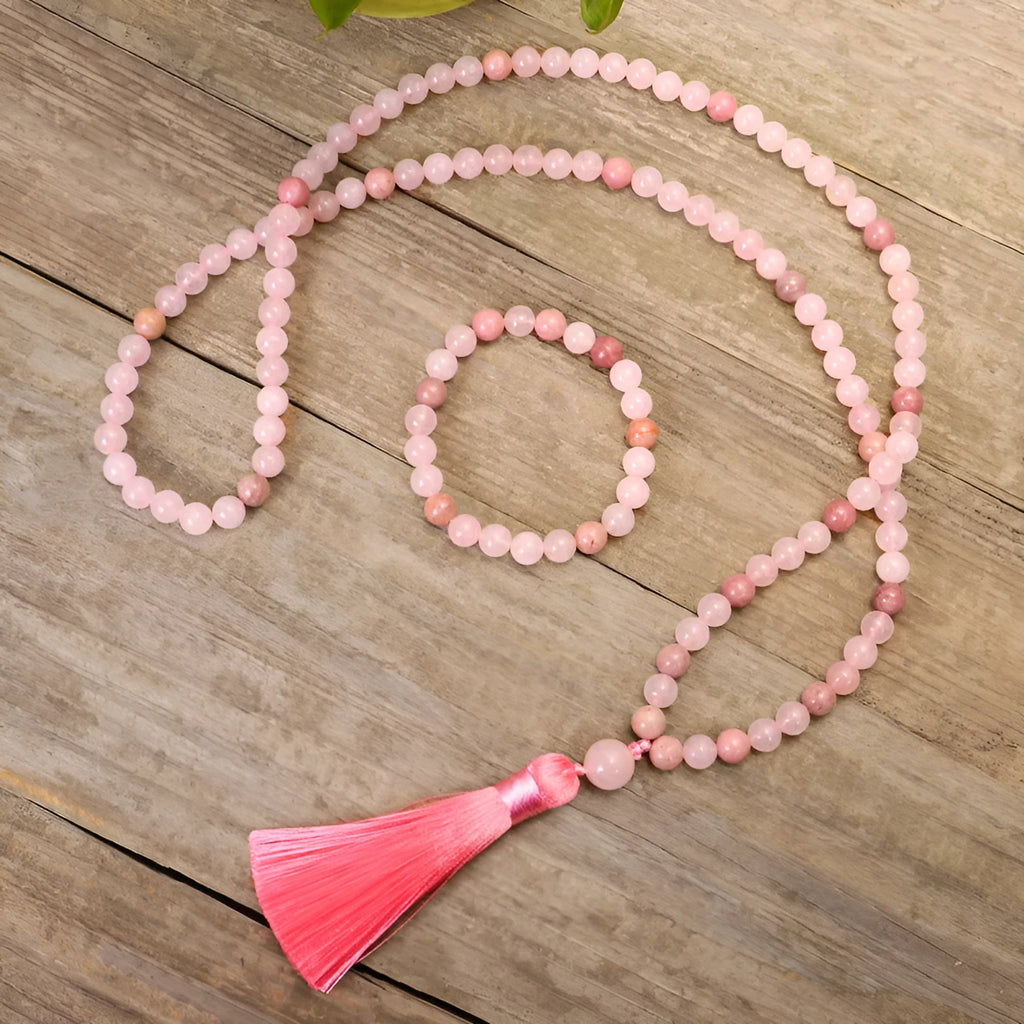 Stone bead long fringe tassel pendant necklace with adjustable 51-80cm ball chain, drop shape design