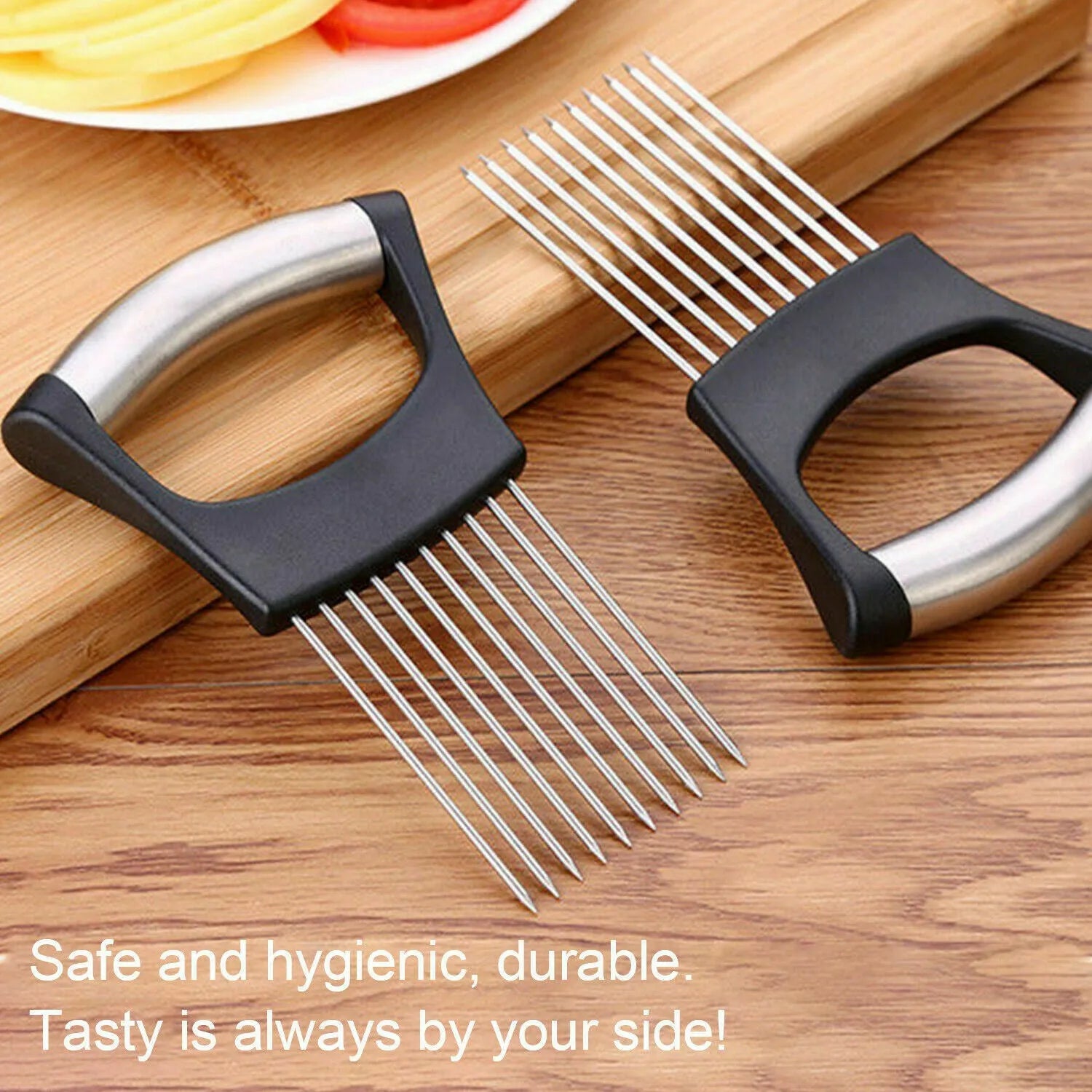 Stainless Steel Food Slice Assistant Onion Holder Slicer Tomato Cutter with NonSlip Handle 14cm x 9.5mm Kitchen Tool for Fixing and Dividing Food Materials
