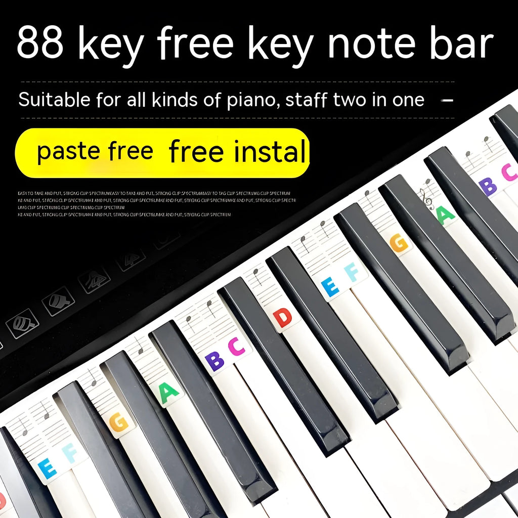 Set of white card piano keyboard stickers for 88 key instruments showing note names and staff notation