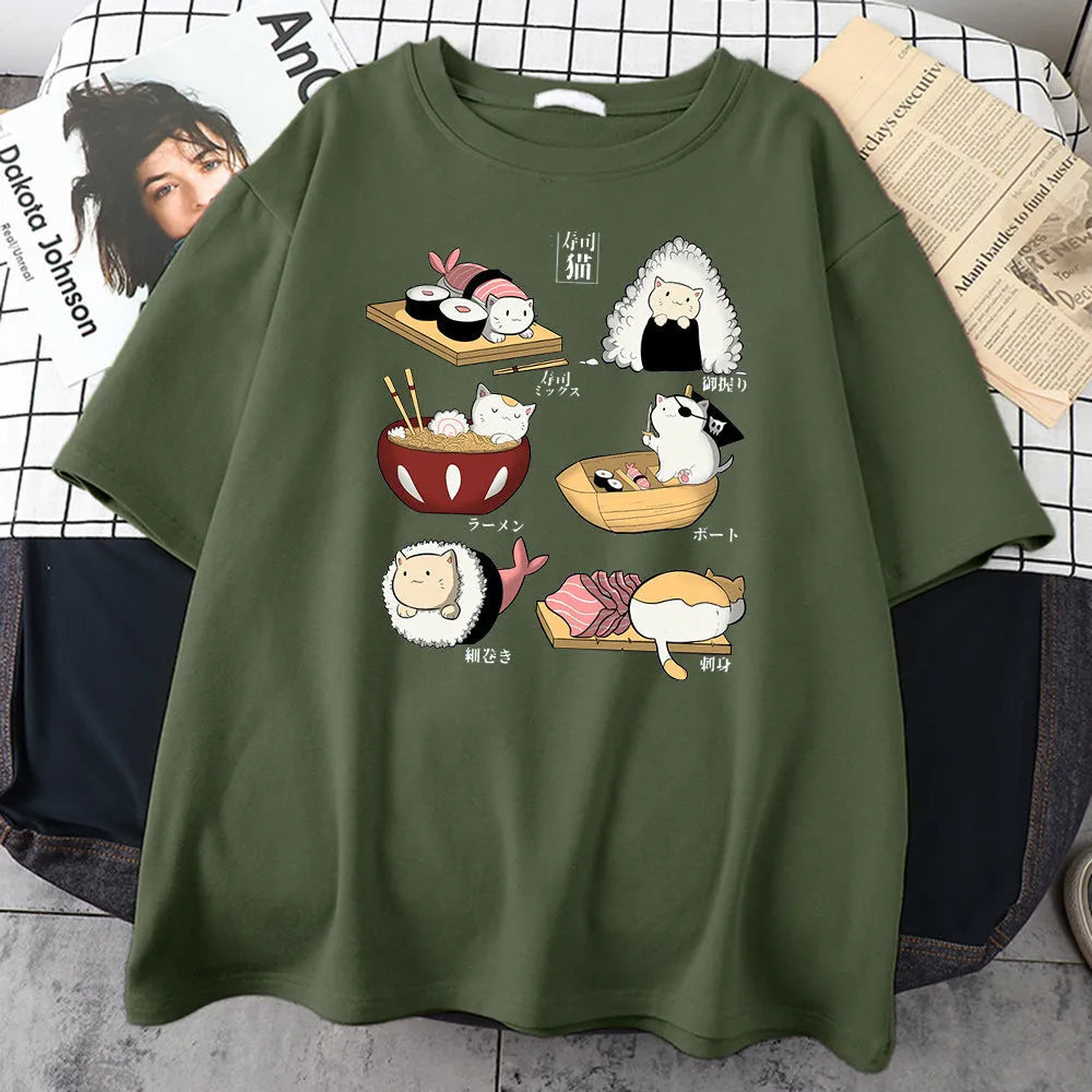 Mens black cotton T-shirt with a cute cartoon cat sushi print, short sleeves, loose fit.