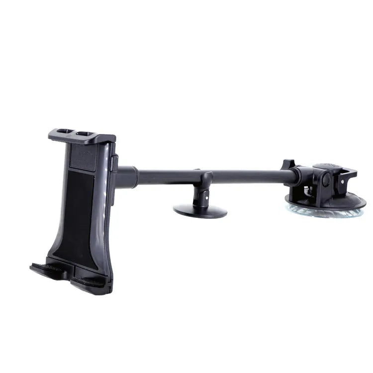 Black vehicle-mounted tablet holder with extendable suction cup rod and lifting bracket for 4-12 inch devices