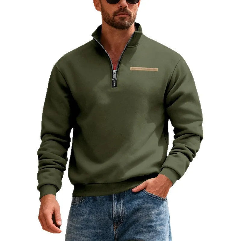 Men's warm stand collar contrast stripes sport sweatshirt in army green, loose fit polyester long sleeve