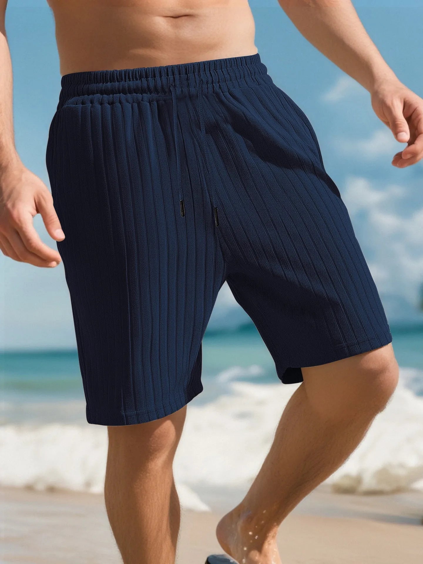 Men's striped linen-blend beach pants in khaki with elastic waist and multi-bag lace detail
