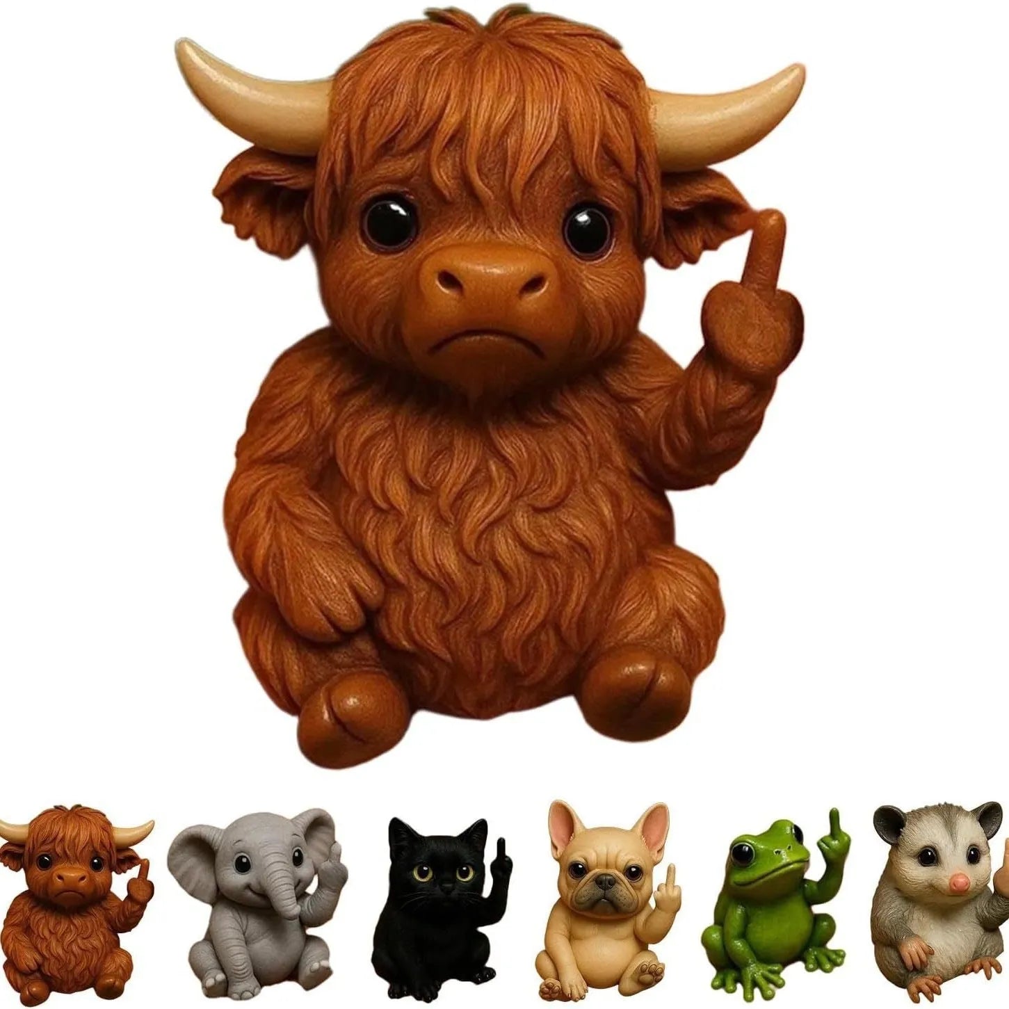 Mini resin animal doll making a vertical middle finger gesture, available in cat, dog, elephant, frog, mouse, turtle, and highland cattle designs.