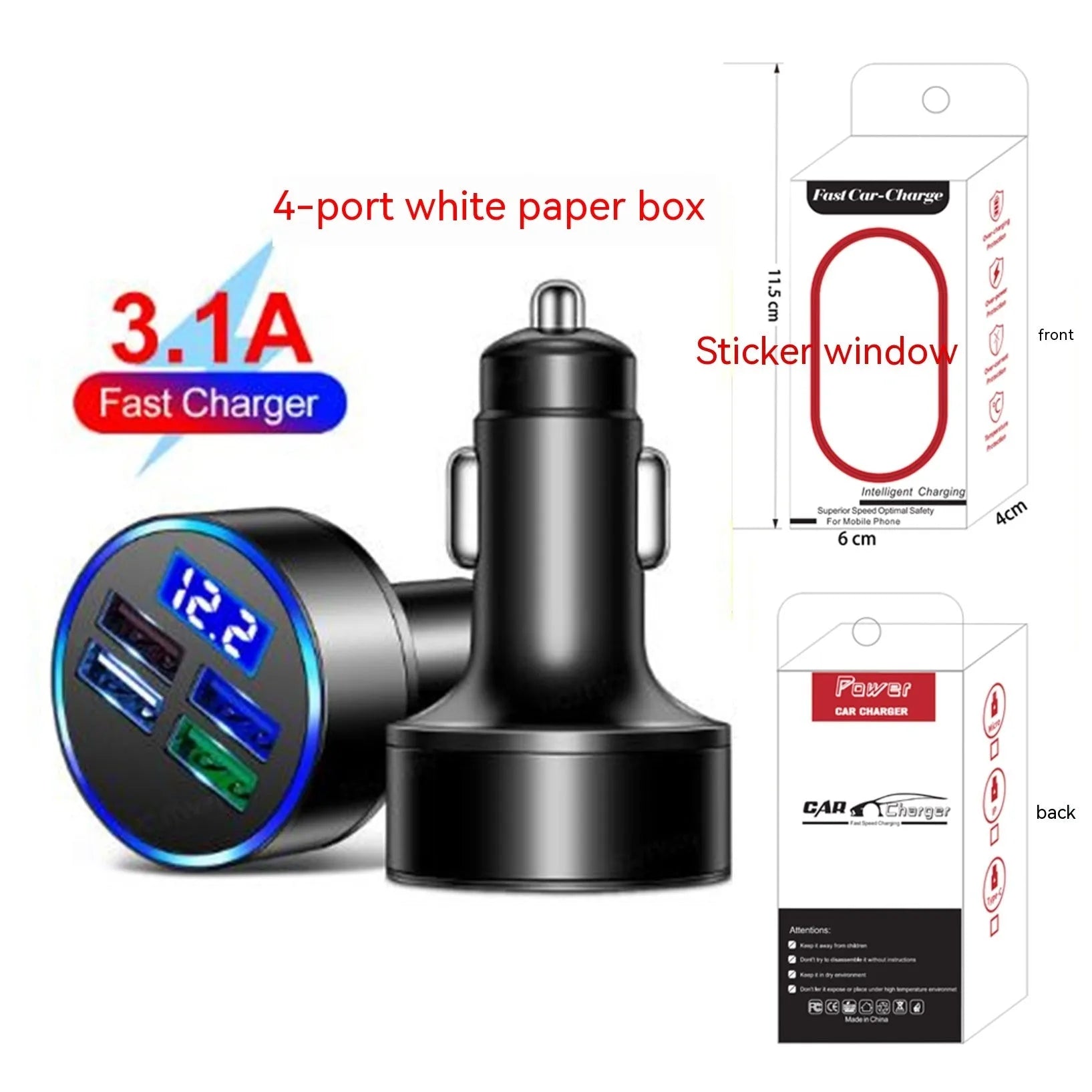 Black multi-port car charger for 12-24V vehicles with 3100mA output capacity