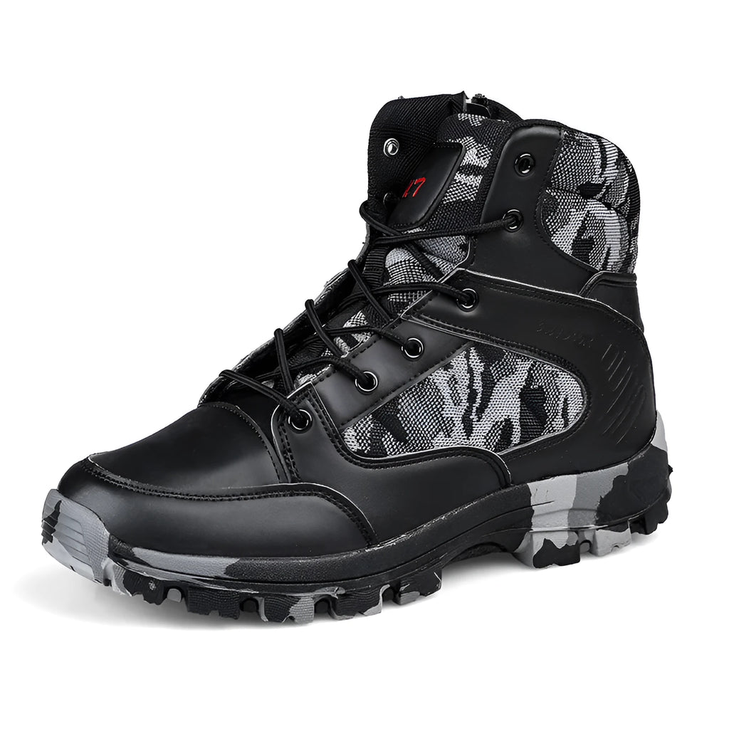 Men's high-top hiking shoes with artificial PU upper and metal accents in black camouflage