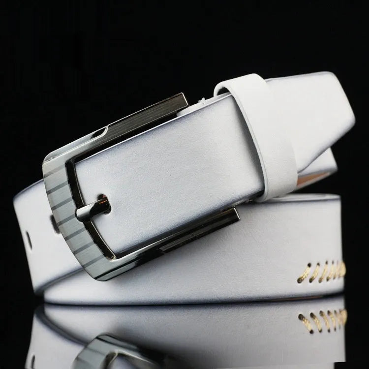 Men's retro pattern belt with alloy pin buckle in black, white, and brown colours