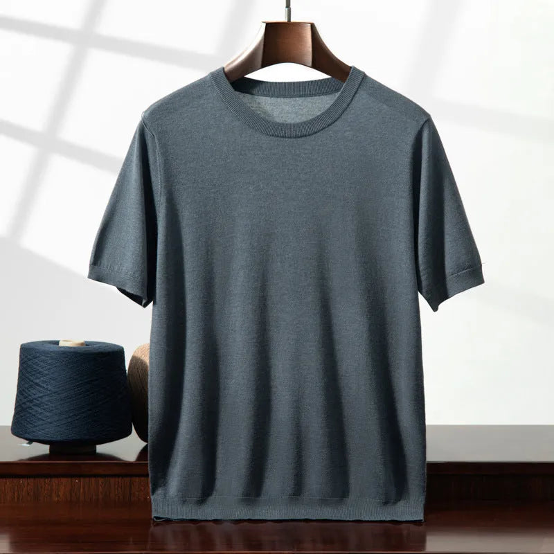Men's knitted thin short sleeve round neck loose casual bottoming shirt in 8 colours, wool, sizes S-XXXL