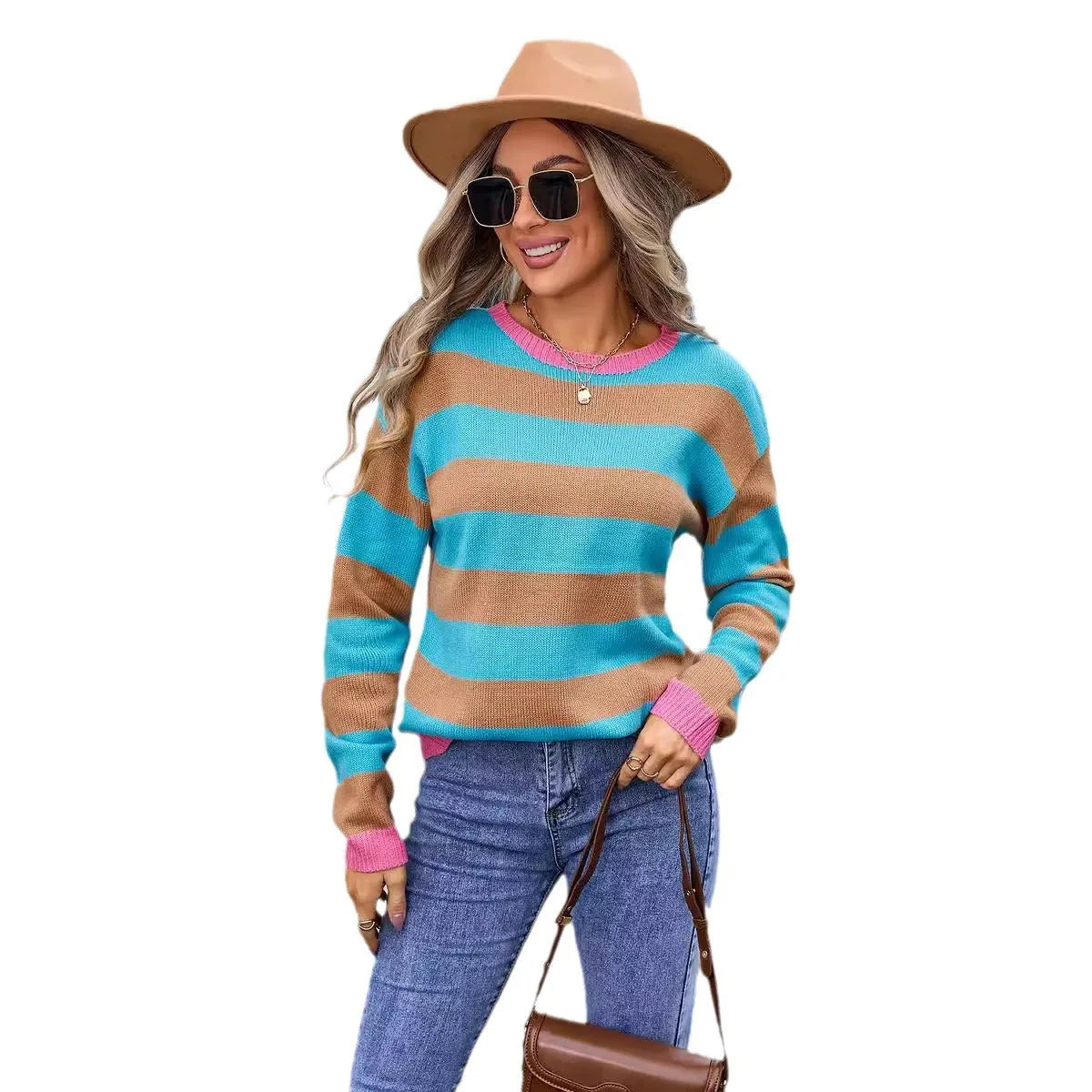 Women's loose fit long sleeve acrylic sweater in a striped pattern, shown in a blue colour.