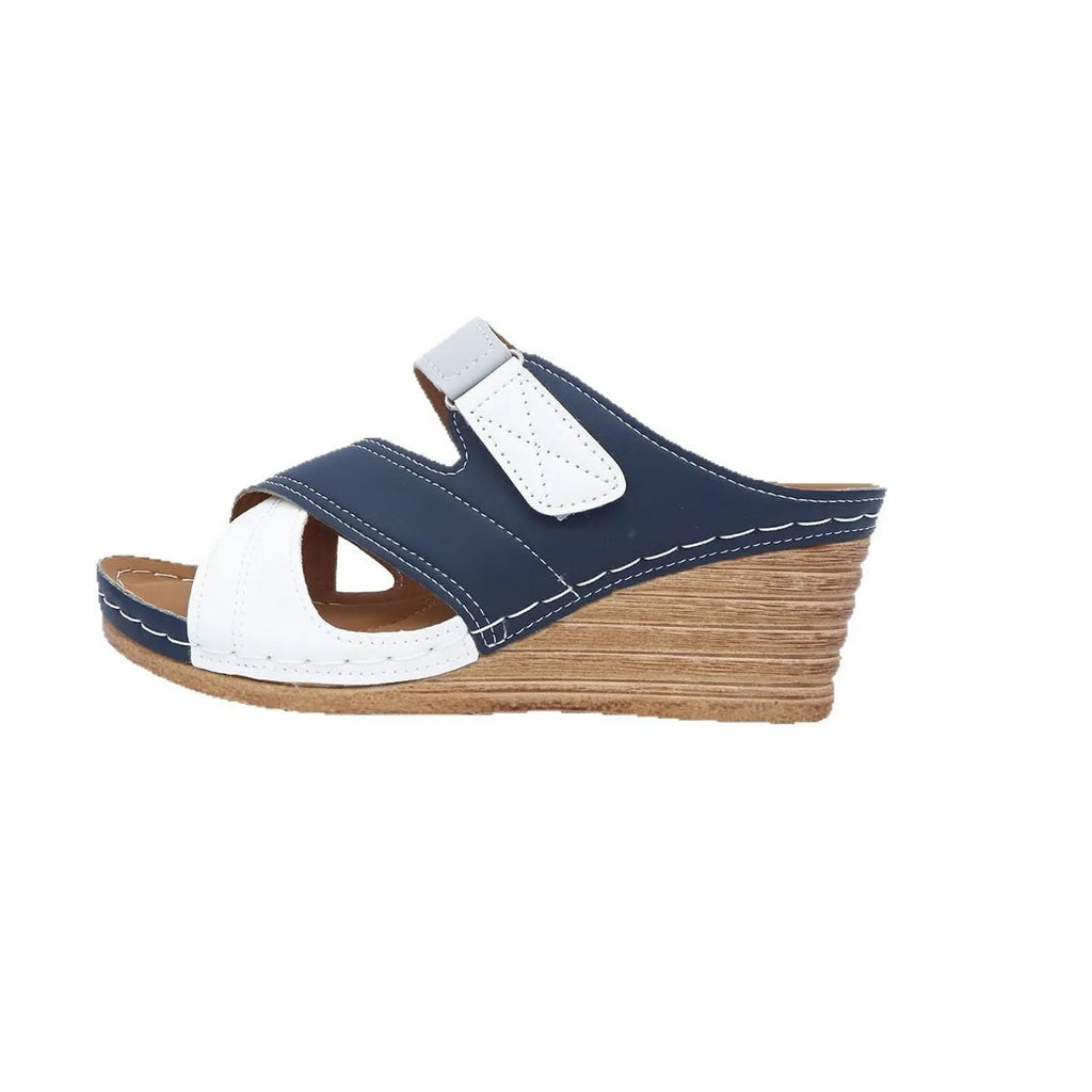 Women's Velcro wedge slippers in a two-tone colour with a fish mouth toe shape.