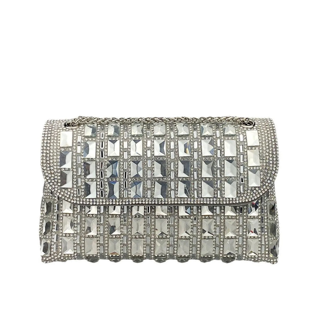 Shiny glass rhinestone chain clutch handbag in silver with open pocket and chain strap