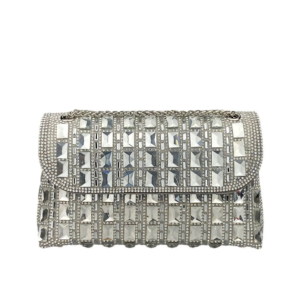 Shiny glass rhinestone chain clutch handbag in silver with open pocket and chain strap