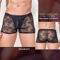Fashion Personality men's lace-trimmed boxer briefs in black, white, and red colours.