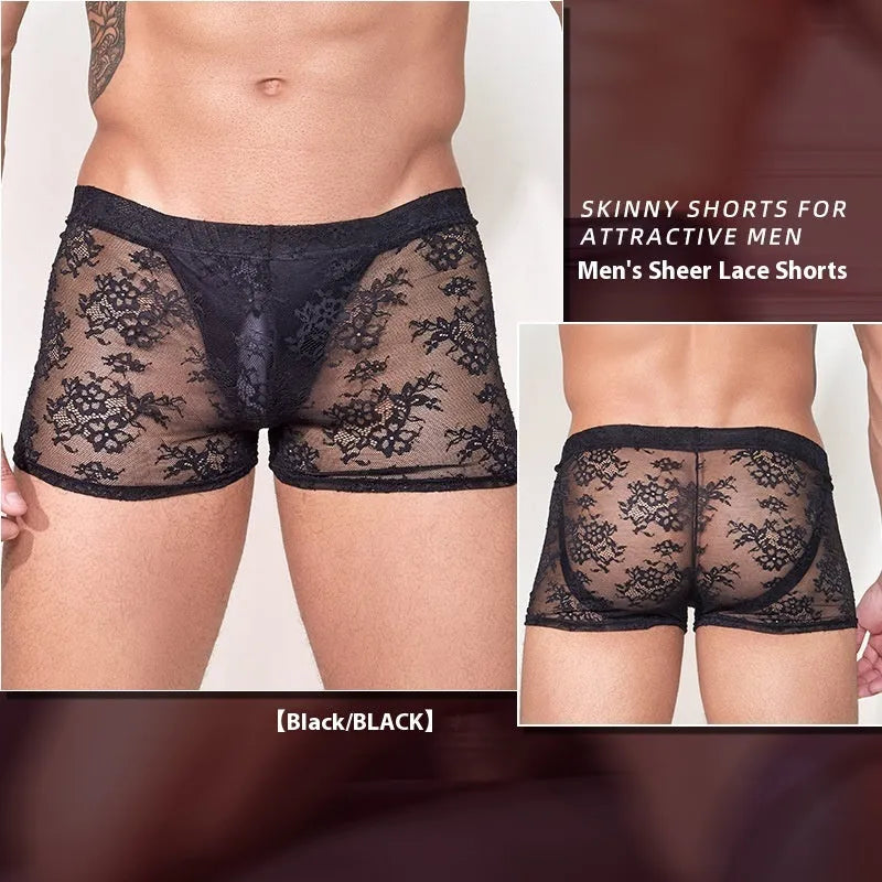 Fashion Personality men's lace-trimmed boxer briefs in black, white, and red colours.