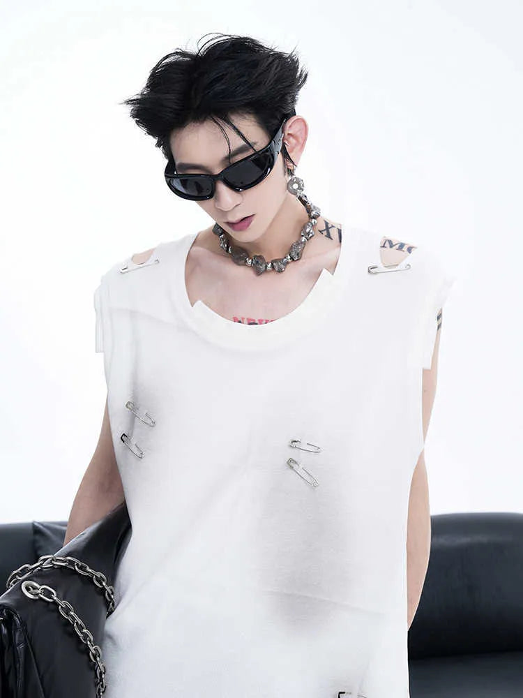 Men's black distressed waistcoat vest with irregular cut edges and sleeveless design