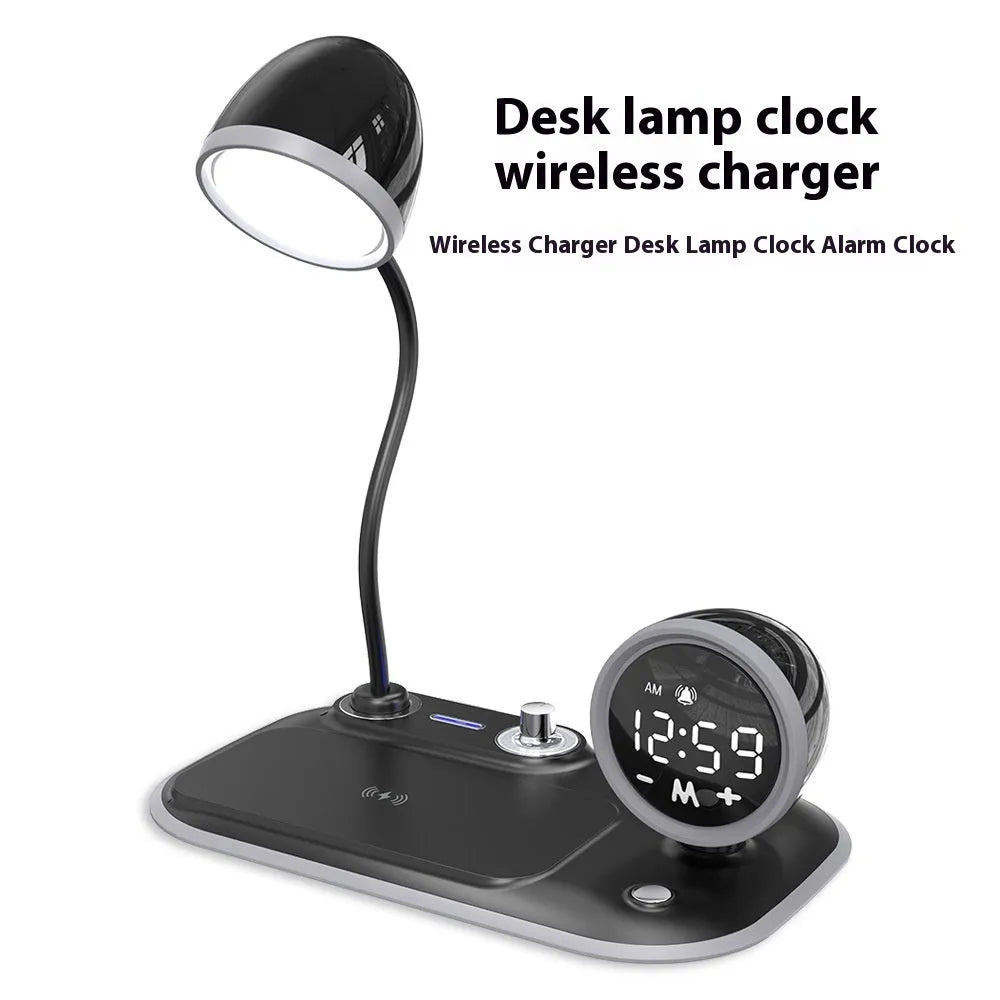 White three-in-one desk lamp with integrated clock display and wireless charging pad